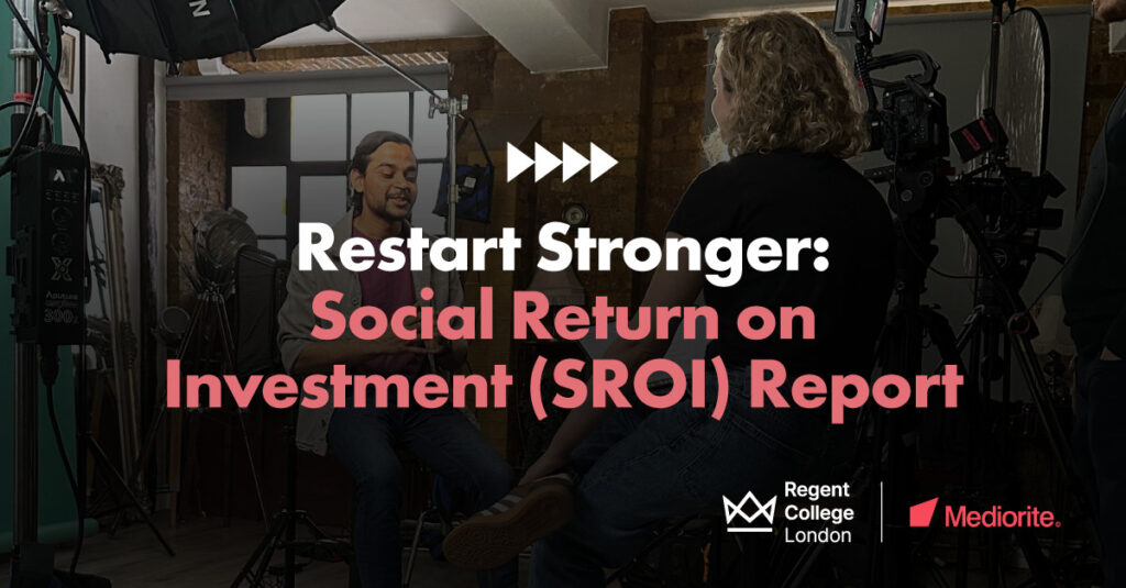 A behind-the-scenes photo from Regent College London's campaign video shoot, layered with a black gradient and the following text: "Restart Stronger: Social Return on Investment (SROI) Report