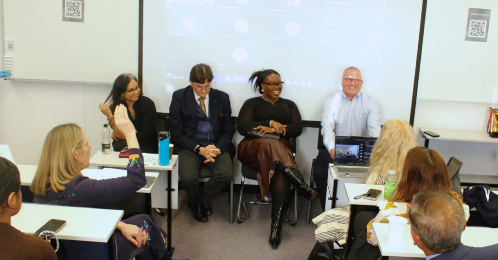 A panel discussion featuring Tricia Tikasingh (Associate Provost, RCL), Dr Mark Holland (Associate TIRIAE Professor, UoGM), Amberlee Green (Lecturer, RCL) and Dr James Alder (Lecturer, Arden University).