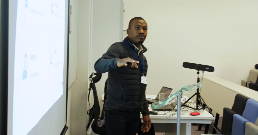 A School of Health and Sports Science student delivers their presentation at the School's Research Showcase 2026.