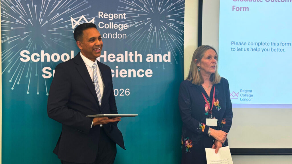 Caroline Read, Head of Programmes (Health), and Vishul Seewoolall address attendees at the SoHSS Employability Fair.