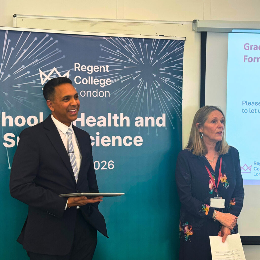 Caroline Read, Head of Programmes (Health), and Vishul Seewoolall address attendees at the SoHSS Employability Fair.